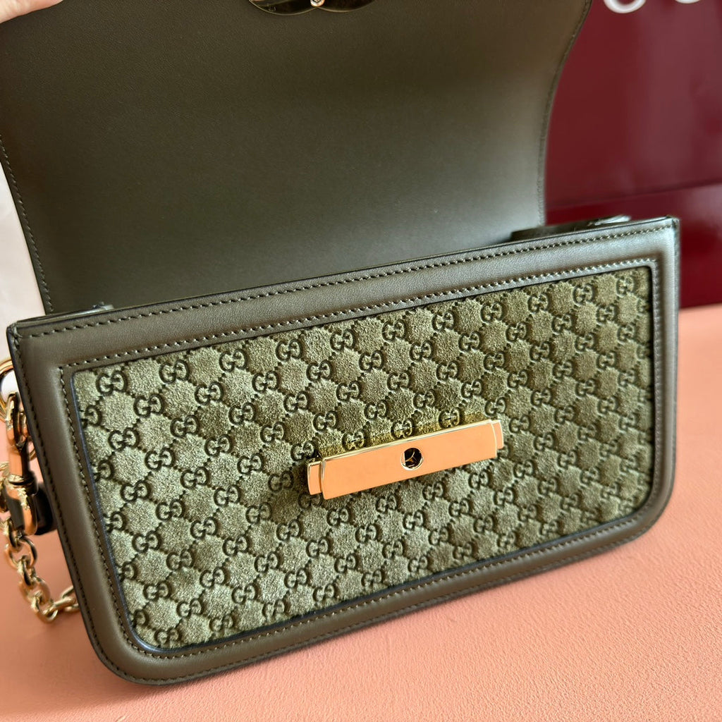 GUCCI 26S SHOULDER BAG 21 IN MOSS GREEN EMBOSSED SUEDE AND CALFSKIN