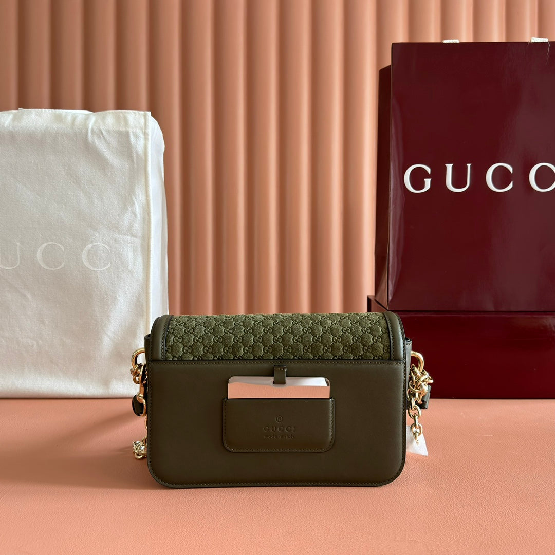 GUCCI 26S SHOULDER BAG 21 IN MOSS GREEN EMBOSSED SUEDE AND CALFSKIN