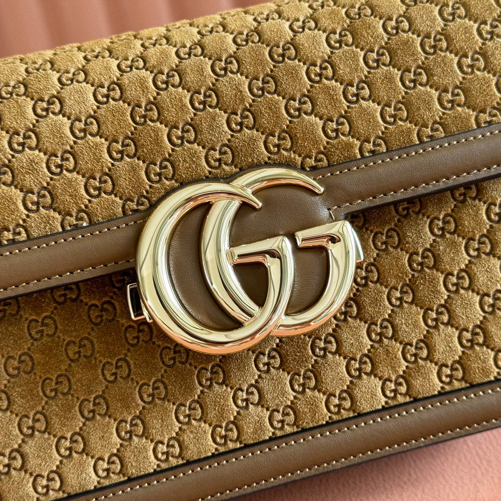 GUCCI 26S SHOULDER BAG 21 IN BROWN EMBOSSED SUEDE AND CALFSKIN
