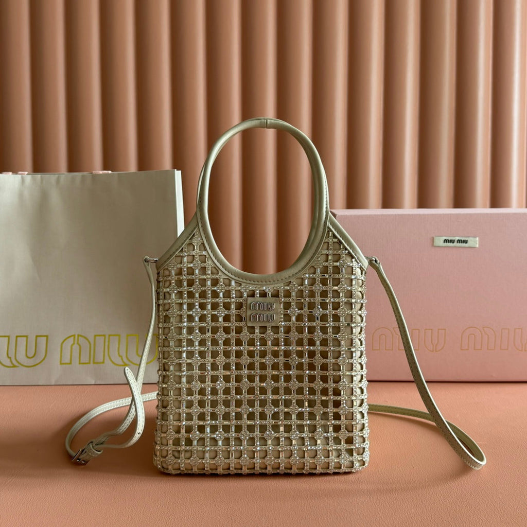 MIUMIU 26S CRYSTAL TOTE 24 BAG IN DARK BEIGE CALFSKIN