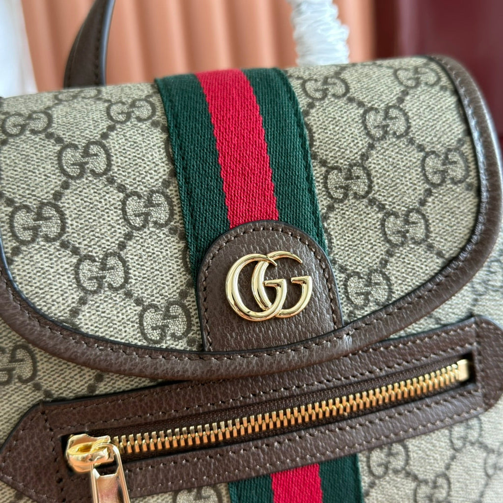 GUCCI 25S OPHIDIA SMALL BACKPACK 20 IN BEIGE AND EBONY CALFSKIN
