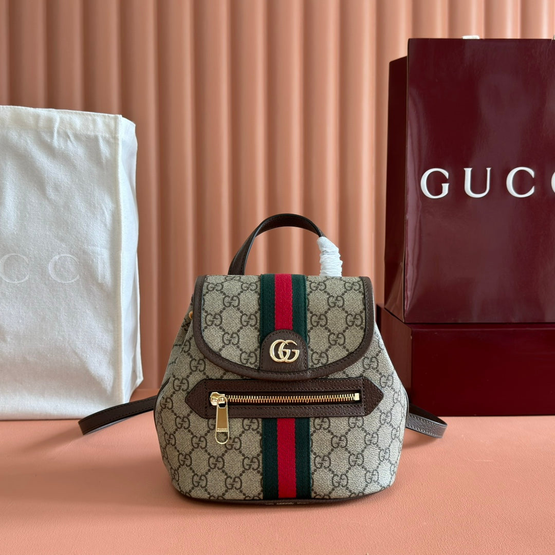 GUCCI 25S OPHIDIA SMALL BACKPACK 20 IN BEIGE AND EBONY CALFSKIN