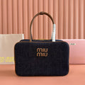 MIUMIU 25S BEAU DENIM BAG 34 IN DARK BLUE DENIM AND BROWN CALFSKIN