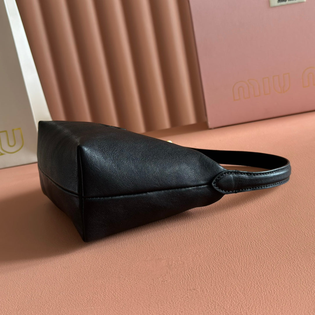 MIUMIU 26S CORDUROY POUCH BAG 25 IN BLACK CALFSKIN GOLD HARDWARE