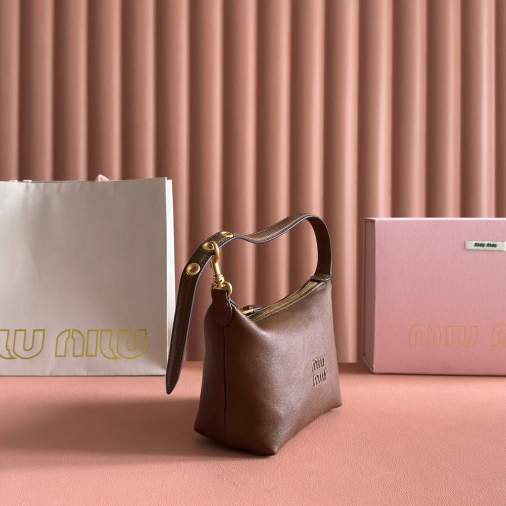 MIUMIU 26S CORDUROY POUCH BAG 25 IN BROWN CALFSKIN GOLD HARDWARE
