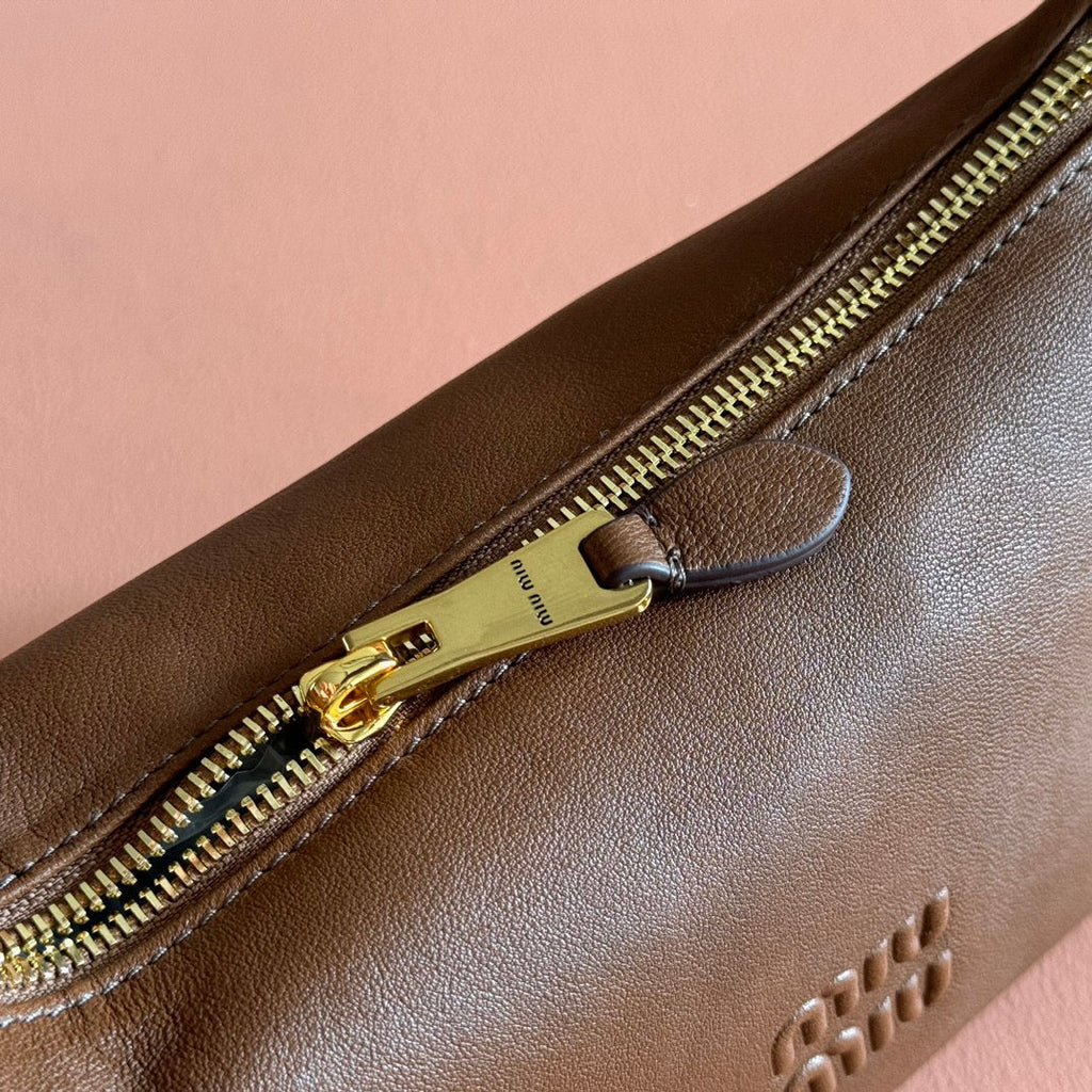 MIUMIU 26S CORDUROY POUCH BAG 25 IN BROWN CALFSKIN GOLD HARDWARE