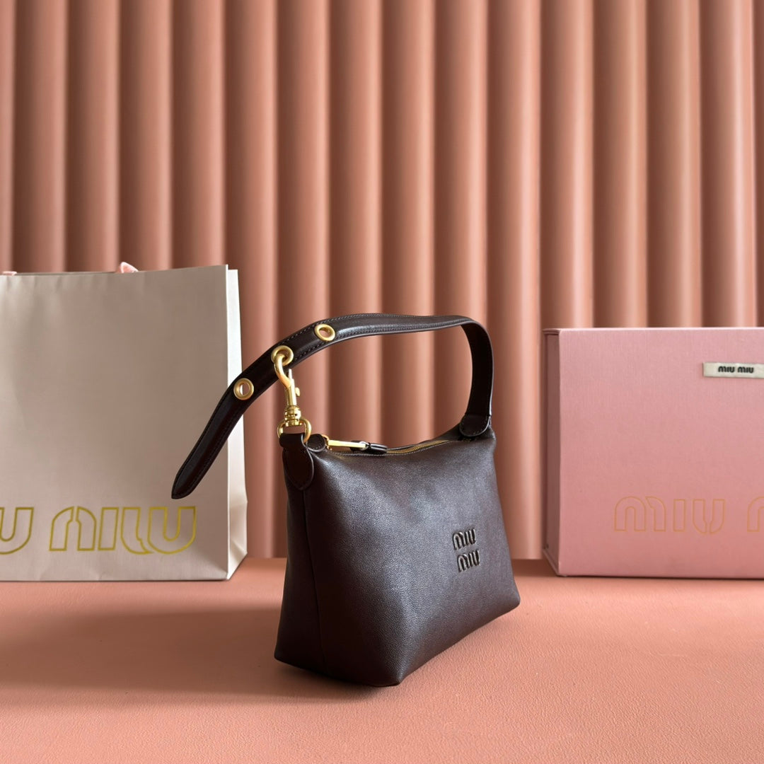 MIUMIU 26S CORDUROY POUCH BAG 25 IN DARK BROWN CALFSKIN GOLD HARDWARE