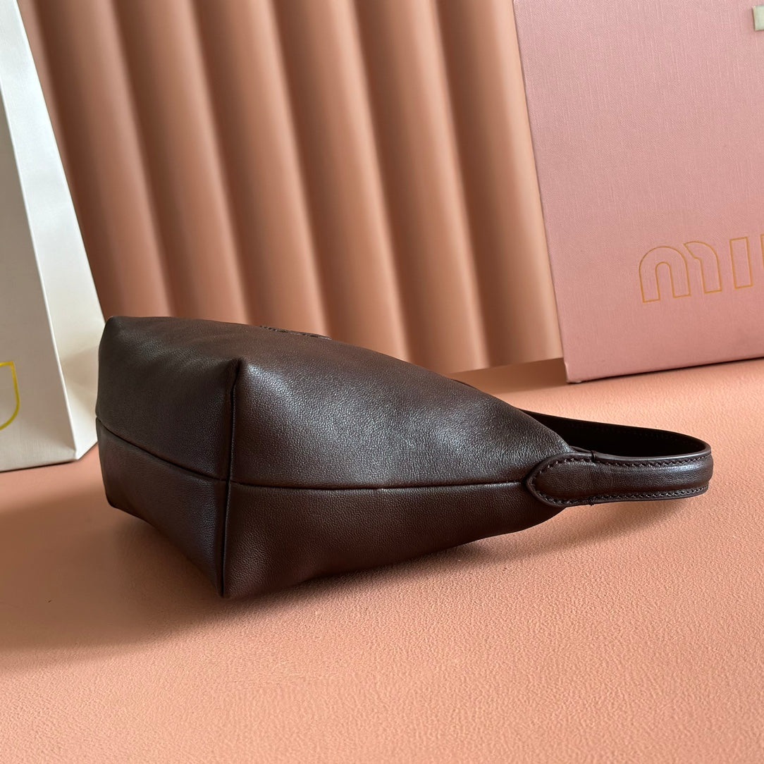MIUMIU 26S CORDUROY POUCH BAG 25 IN DARK BROWN CALFSKIN GOLD HARDWARE