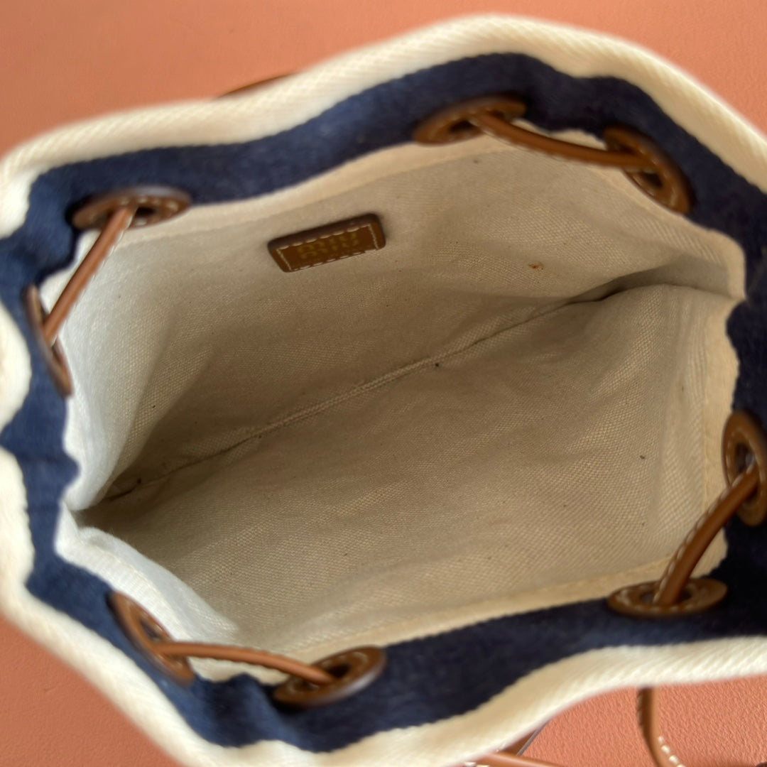 MIUMIU 26S BUCKET BAG 23 IN CREAM AND NAVY BLUE CANVAS GOLD HARDWARE