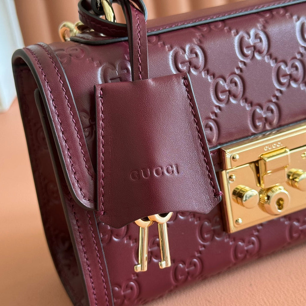GUCCI 26S PADLOCK BAG 20 IN DARK RED EMBOSSED CALFSKIN