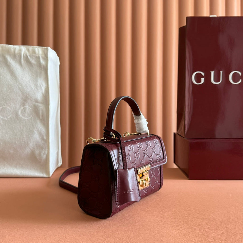 GUCCI 26S PADLOCK BAG 20 IN DARK RED EMBOSSED CALFSKIN