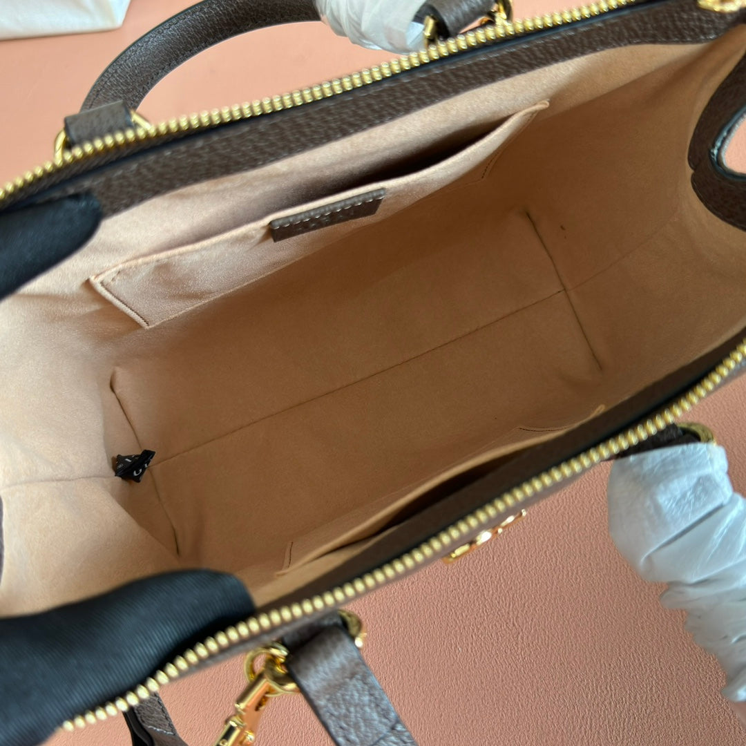 GUCCI 26S OPHIDIA HANDBAG 25 IN BROWN AND DARK BEIGE CALFSKIN
