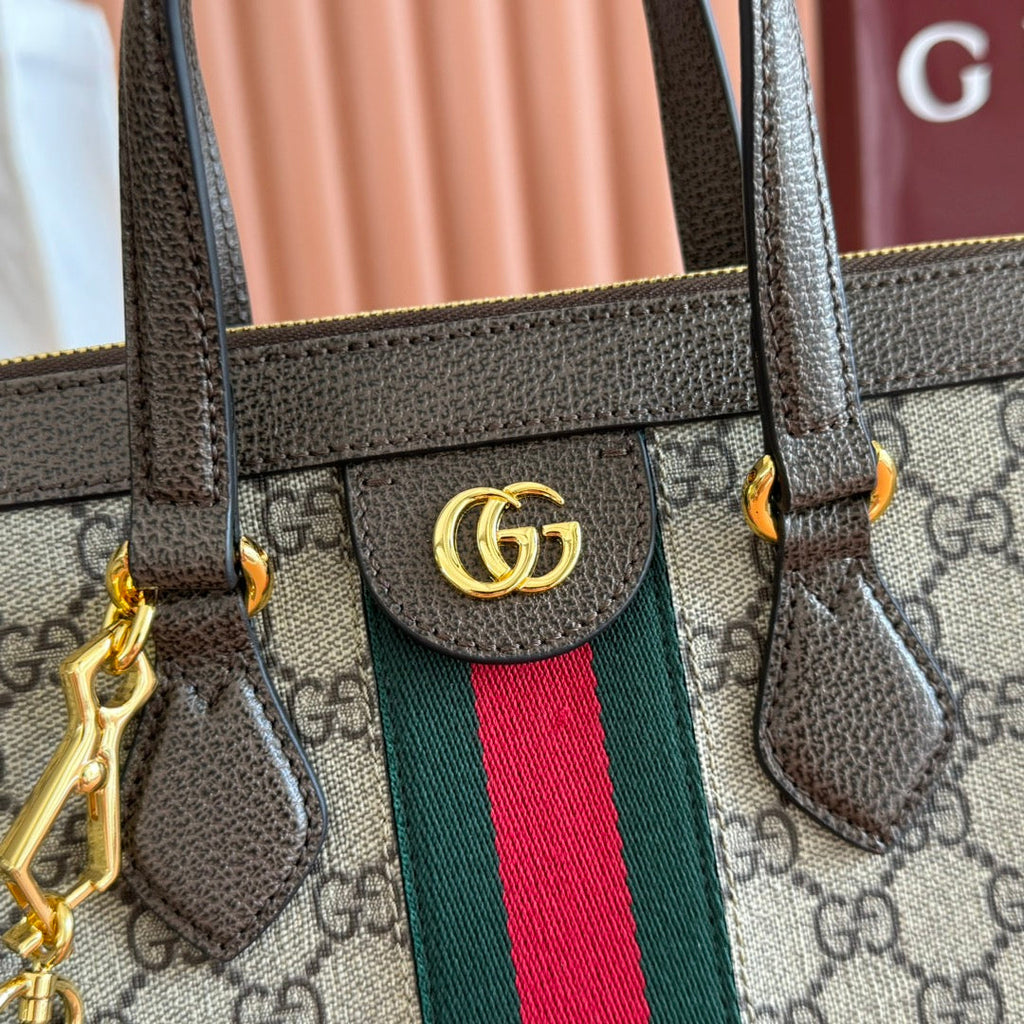 GUCCI 26S OPHIDIA HANDBAG 33 IN BROWN AND DARK BEIGE CALFSKIN