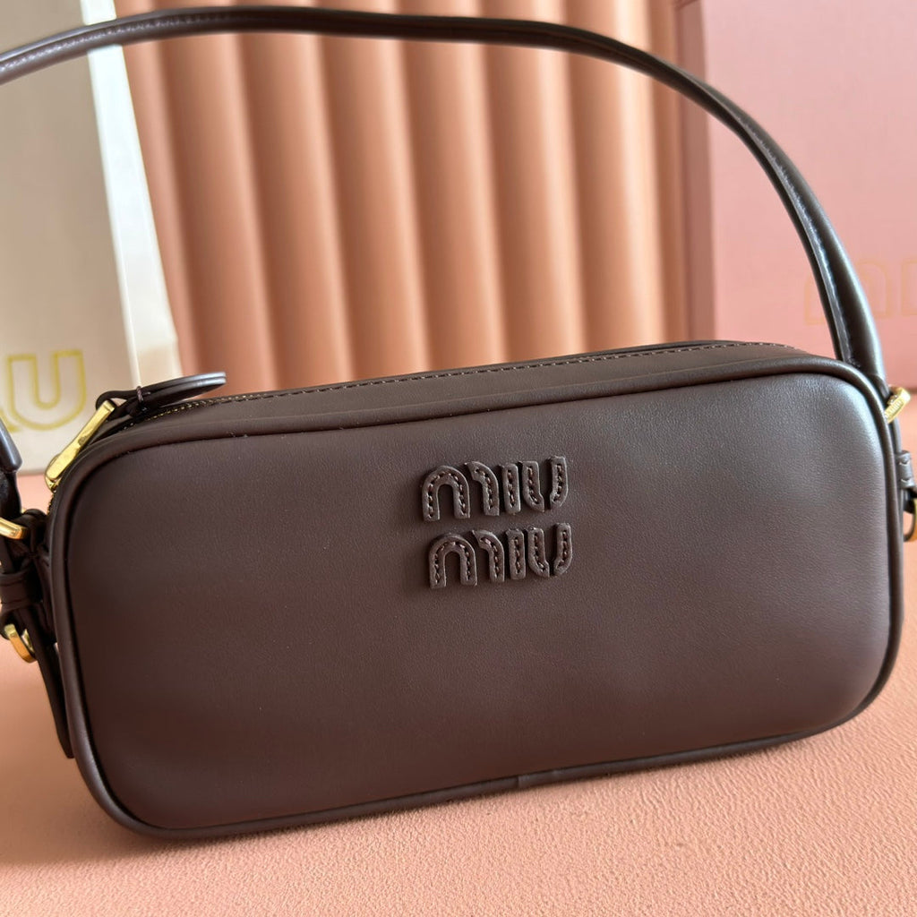MIUMIU 26S POUCH BAG 20 IN DARK BROWN CALFSKIN GOLD HARDWARE