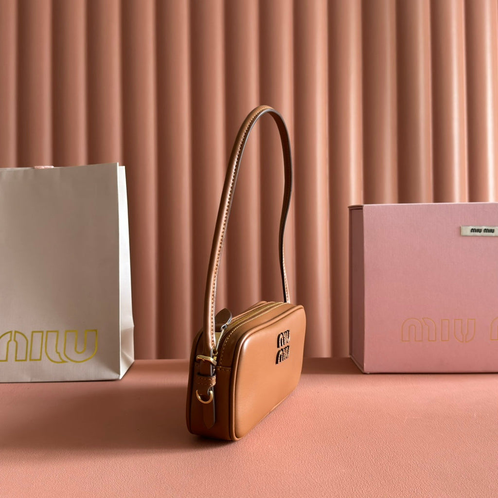 MIUMIU 26S POUCH BAG 20 IN TAN BROWN CALFSKIN GOLD HARDWARE