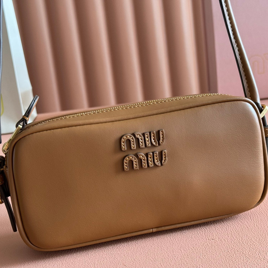 MIUMIU 26S POUCH BAG 20 IN TAN BROWN CALFSKIN GOLD HARDWARE