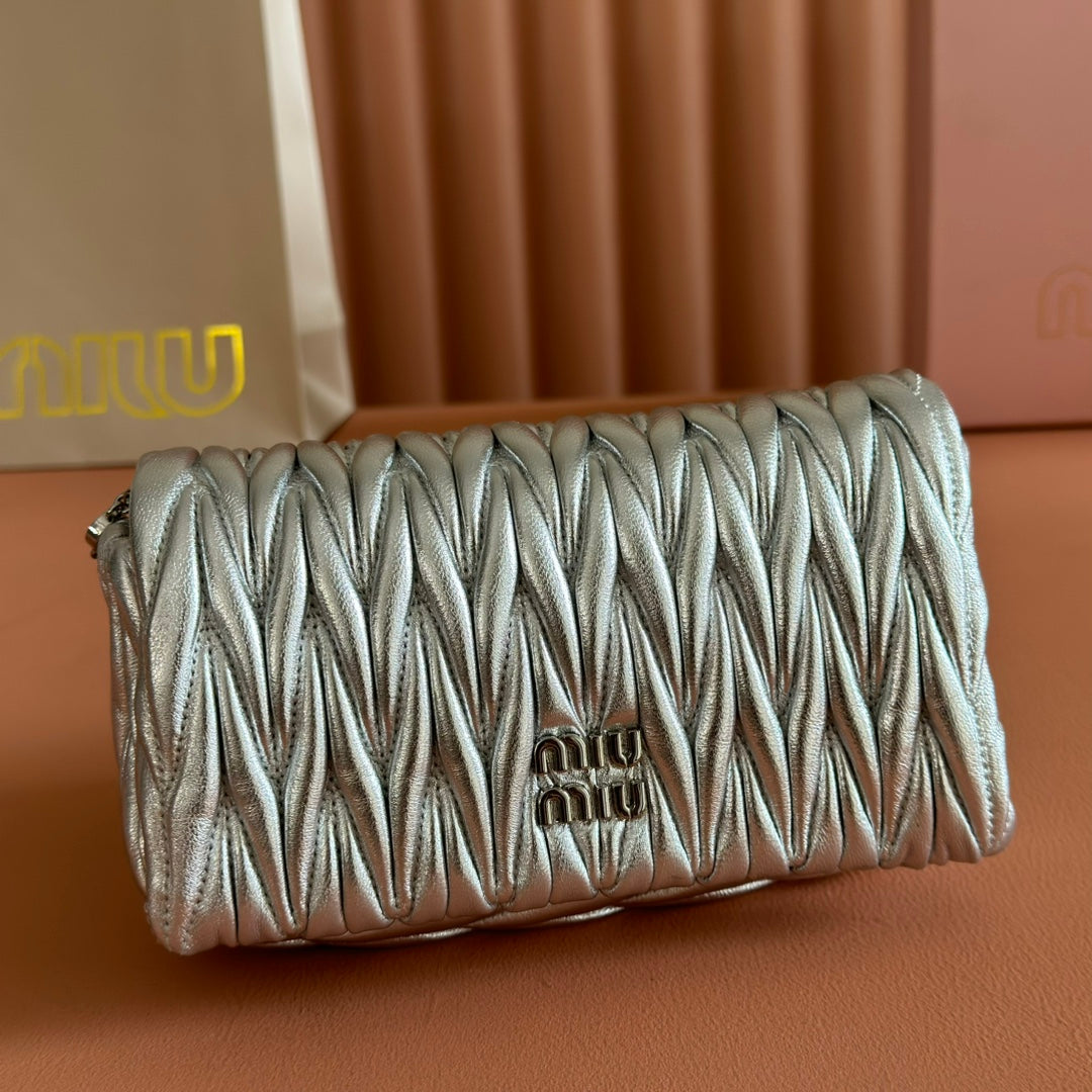 MIUMIU 26S MATELASSE MINI BAG 18 IN SILVER CALFSKIN SILVER HARDWARE