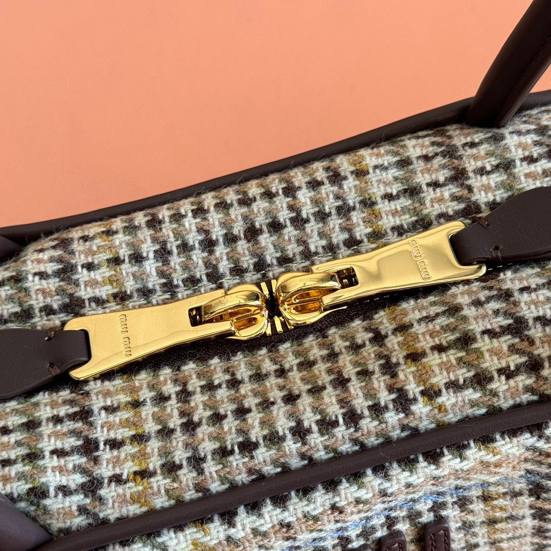 MIUMIU 26S BEAU CANVAS BAG 28 IN MULTICOLOR WOOL AND BROWN CALFSKIN
