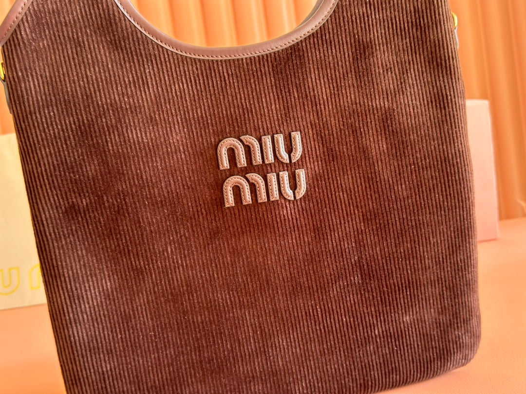 MIUMIU 26S IVY 40 TOTE IN CHOCOLATE BROWN CANVAS AND DARK BROWN CALFSKIN