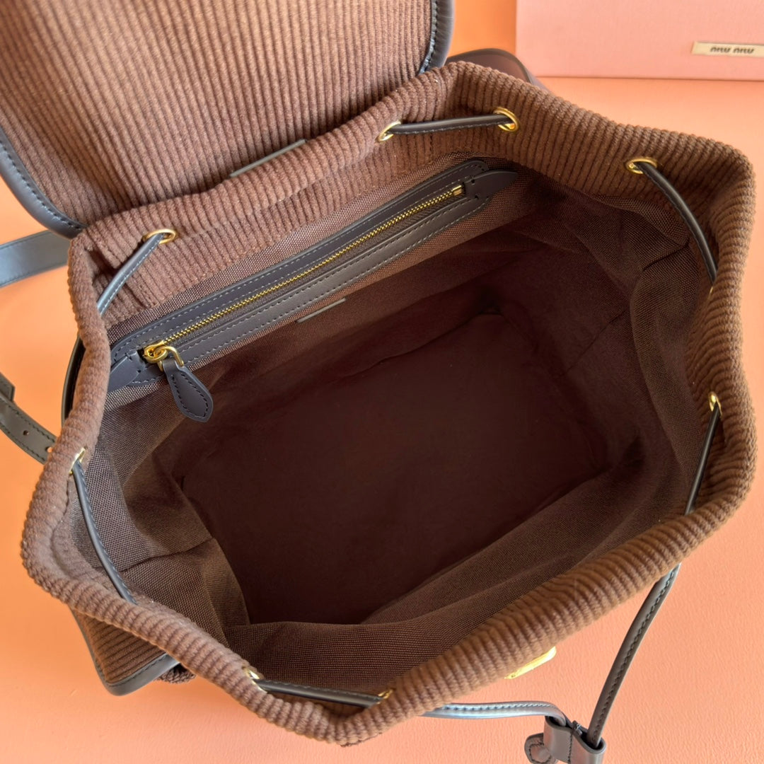 MIUMIU 26S MEDIUM BACKPACK 29 IN CHOCOLATE BROWN CANVAS BLACK CALFSKIN