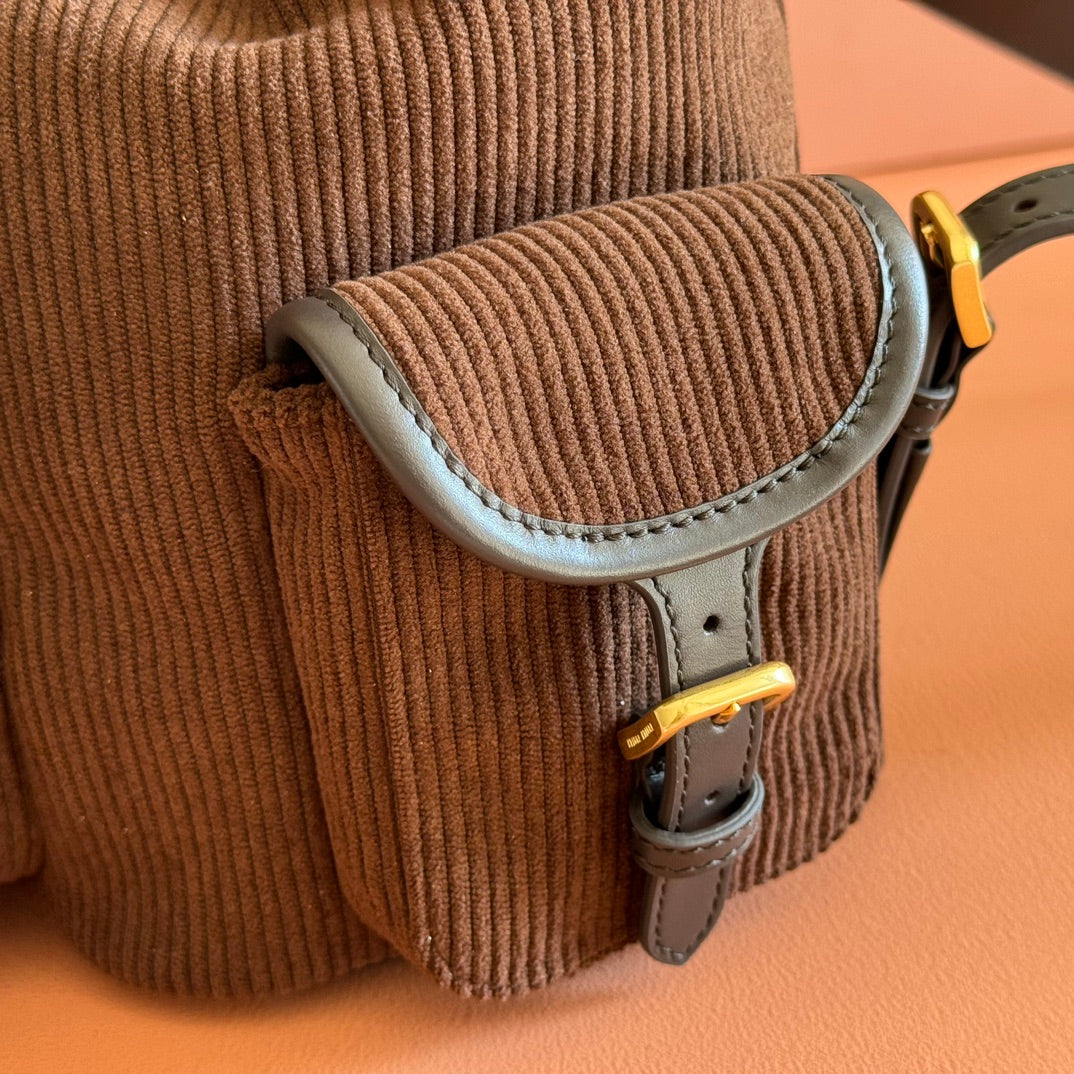 MIUMIU 26S MEDIUM BACKPACK 29 IN CHOCOLATE BROWN CANVAS BLACK CALFSKIN