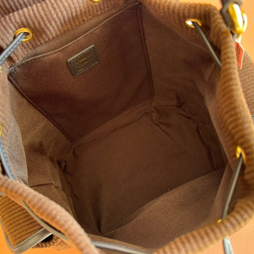 MIUMIU 26S BACKPACK 22 IN CHOCOLATE BROWN CANVAS BLACK CALFSKIN