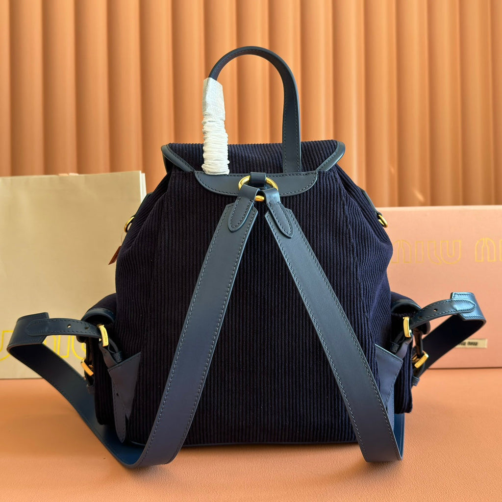 MIUMIU 26S MEDIUM BACKPACK 29 IN DARK BLUE CANVAS BLUE CALFSKIN