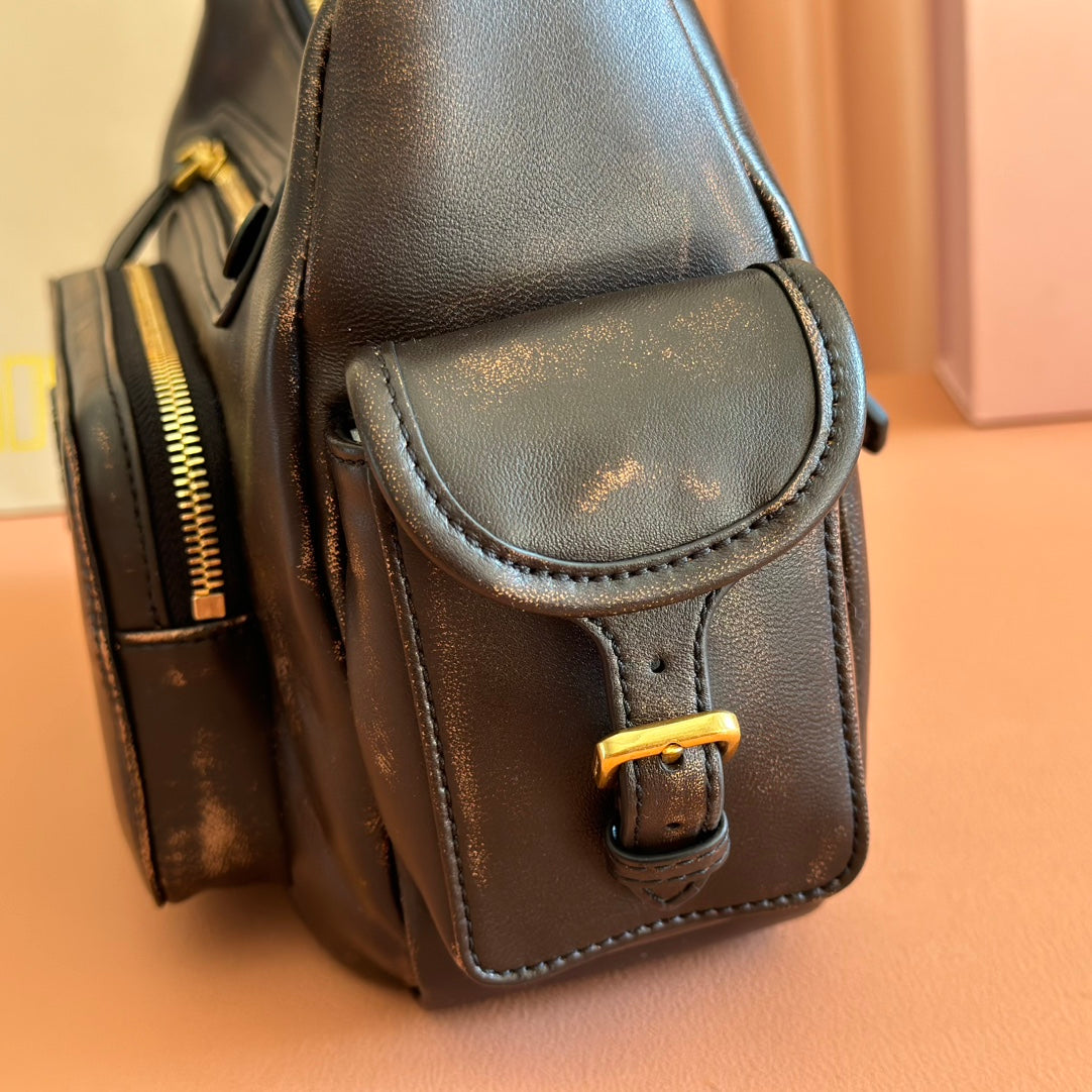 MIUMIU 26S POCKET BAG 38 IN BLACK CALFSKIN GOLD HARDWARE