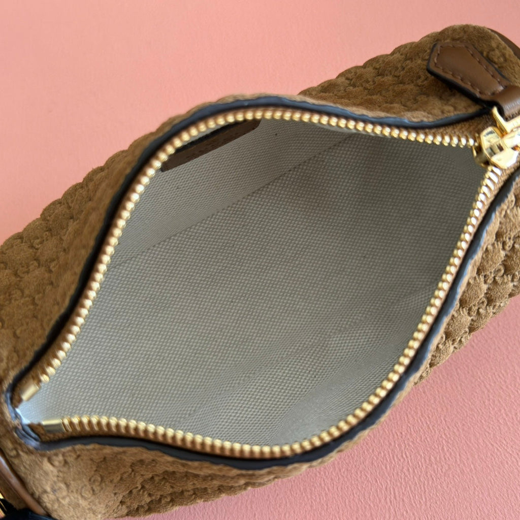 GUCCI 26S SHOULDER BAG 19 IN BROWN EMBOSSED SUEDE