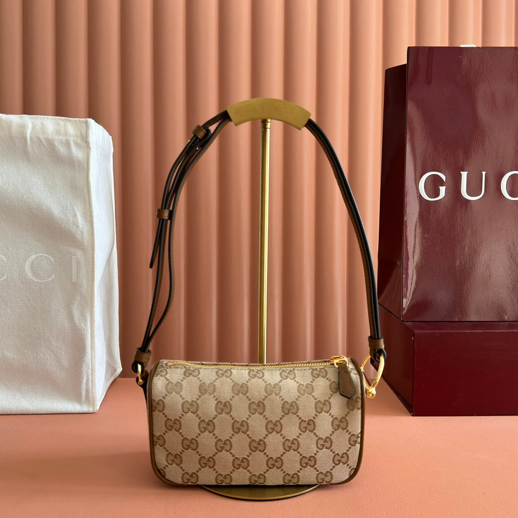 GUCCI 26S SHOULDER BAG 19 IN WARM BEIGE AND BROWN CANVAS