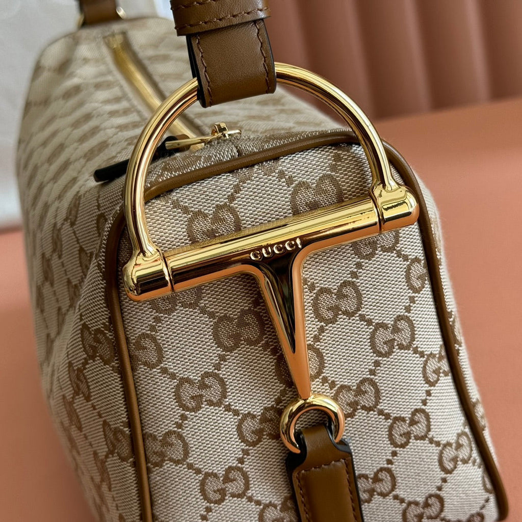GUCCI 26S SHOULDER BAG 31 IN WARM BEIGE AND BROWN CANVAS