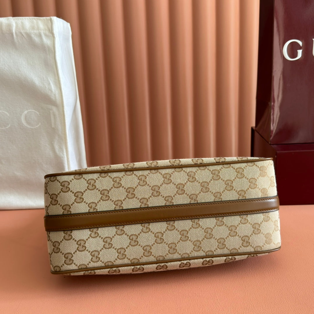 GUCCI 26S SHOULDER BAG 31 IN WARM BEIGE AND BROWN CANVAS