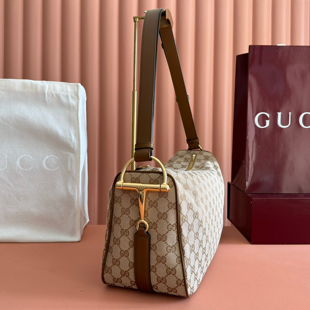 GUCCI 26S SHOULDER BAG 38 IN WARM BEIGE AND BROWN CANVAS