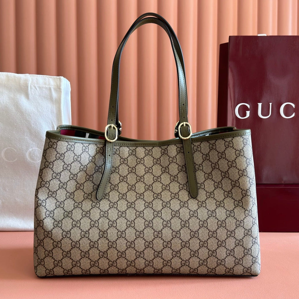 GUCCI 26S TOTE BAG 38 IN DARK BEIGE AND MOSS GREEN CANVAS