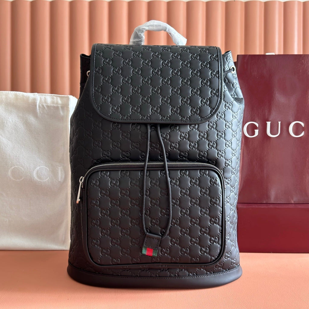 GUCCI 26S  EMBLEM BACKPACK 44 IN BLACK EMBOSSED CALFSKIN