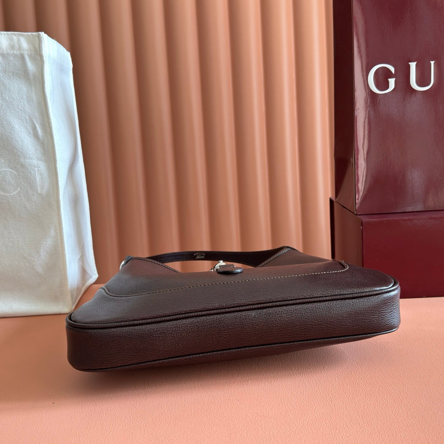 GUCCI 26S JACKIE SLIM SHOULDER BAG 28 IN DARK BROWN CALFSKIN