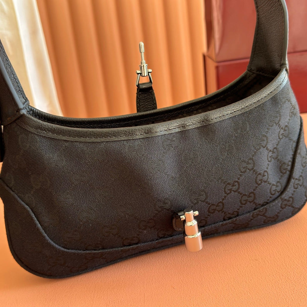 GUCCI 26S JACKIE SLIM SHOULDER BAG 27 IN BLACK CANVAS