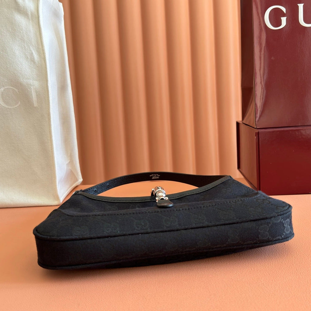 GUCCI 26S JACKIE SLIM SHOULDER BAG 27 IN BLACK CANVAS