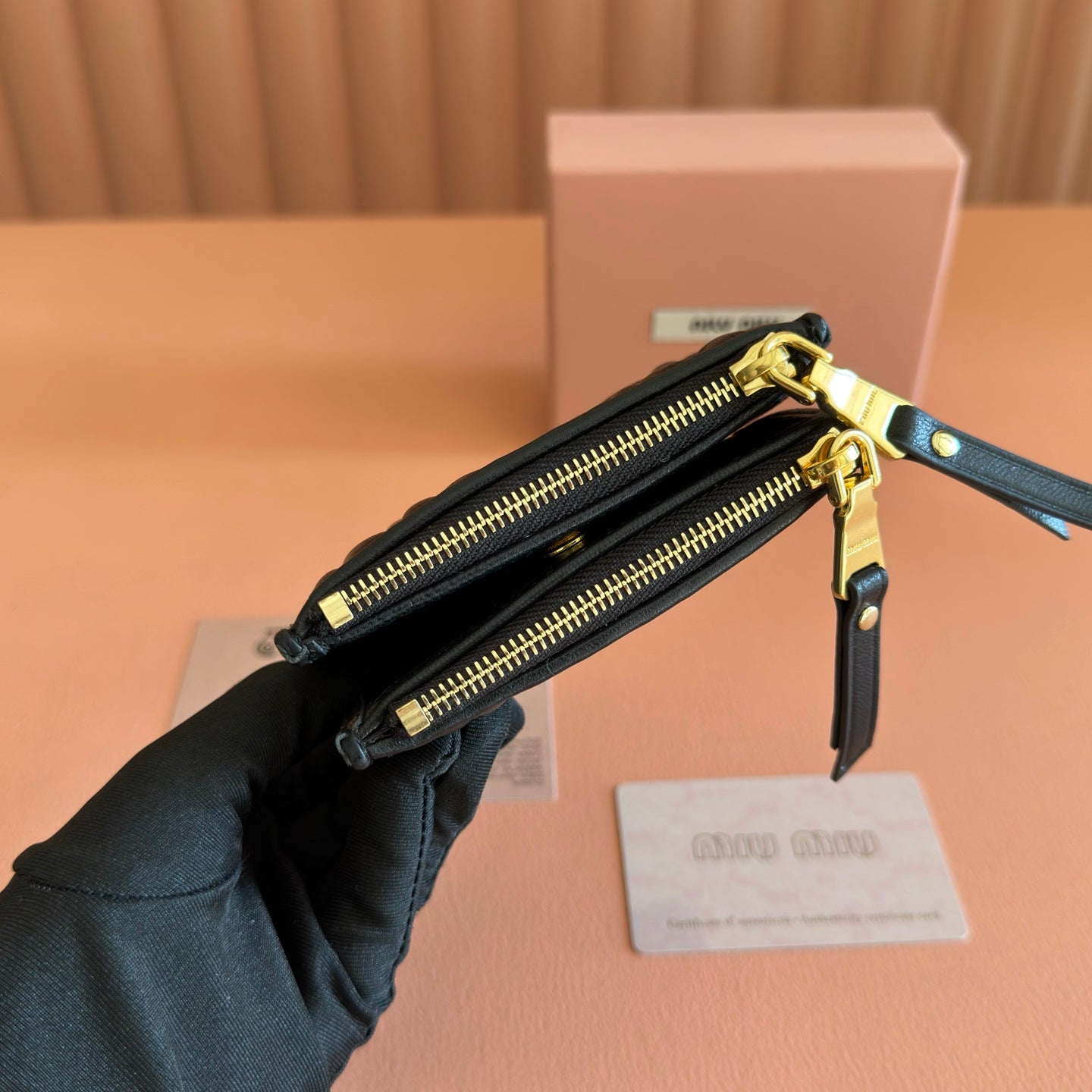 MIUMIU 26S SMALL MATELASSE CARD HOLDER 11 IN BLACK CALFSKIN GOLD HARDWARE