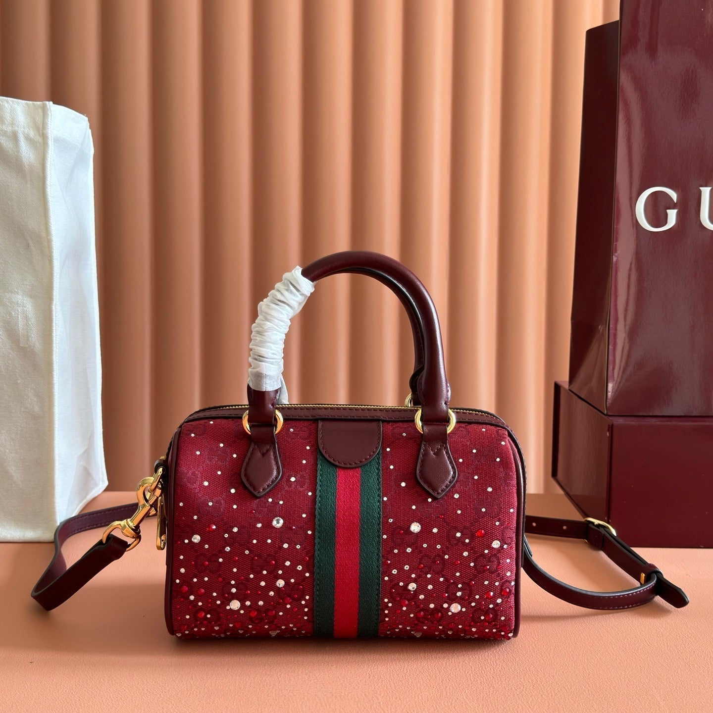 GUCCI 26S OPHIDIA BOSTON BAG 21 IN DARK RED CANVAS EMBELLISHED WITH RHINESTONES