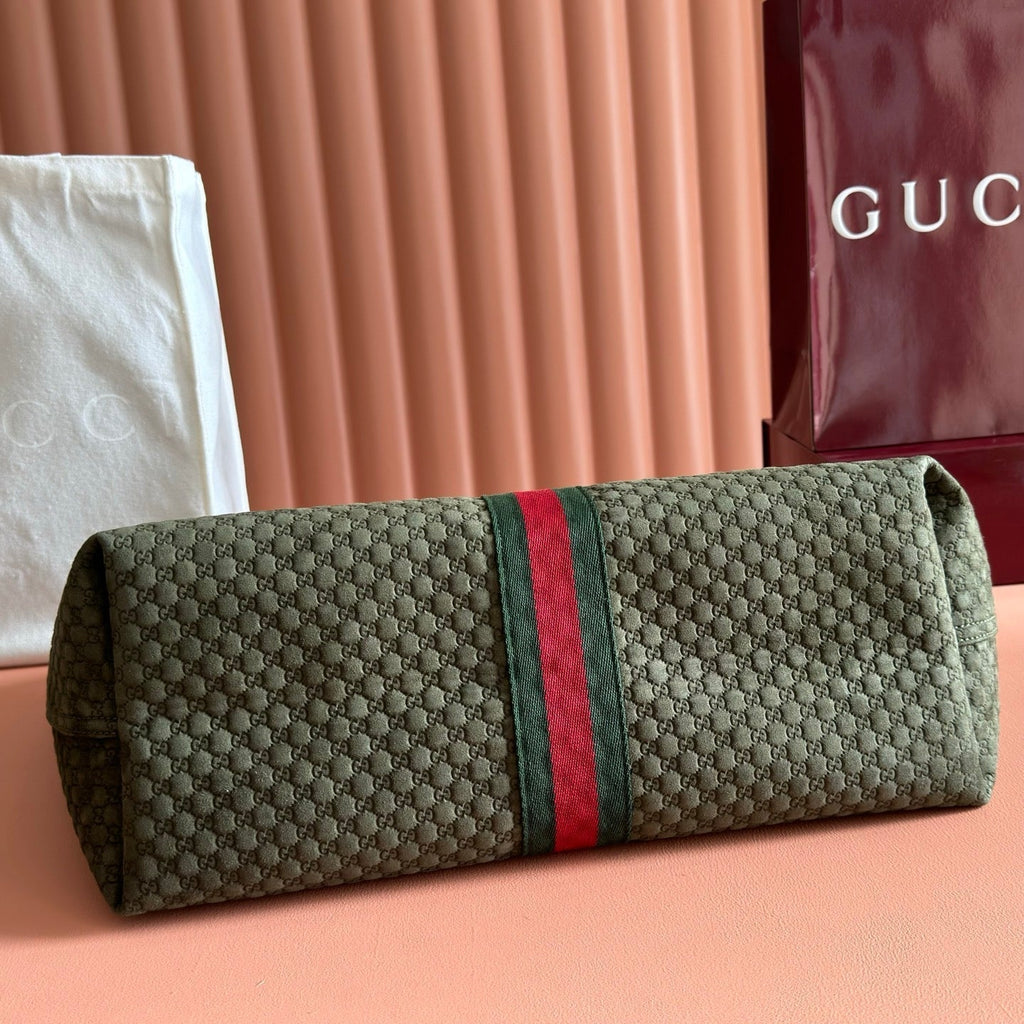 GUCCI 26S GIGLIO LARGE TOTE BAG 60 IN DARK MOSS GREEN EMBOSSED SUEDE
