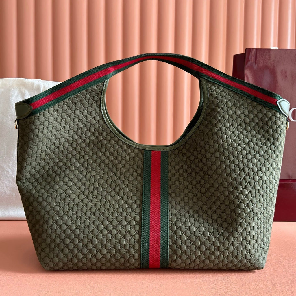 GUCCI 26S GIGLIO LARGE TOTE BAG 60 IN DARK MOSS GREEN EMBOSSED SUEDE