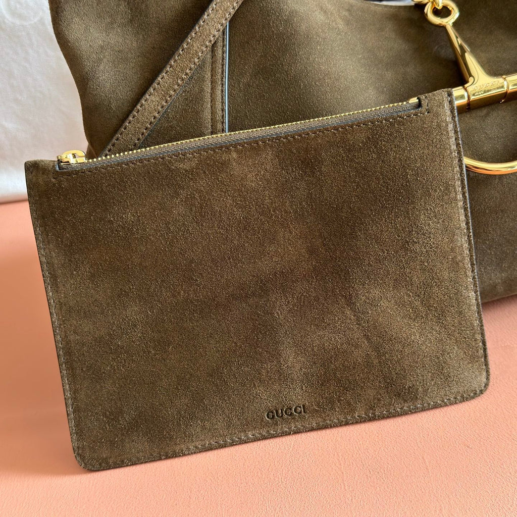 GUCCI 26S SOFTBIT SHOULDER BAG 46 IN DARK BROWN SUEDE