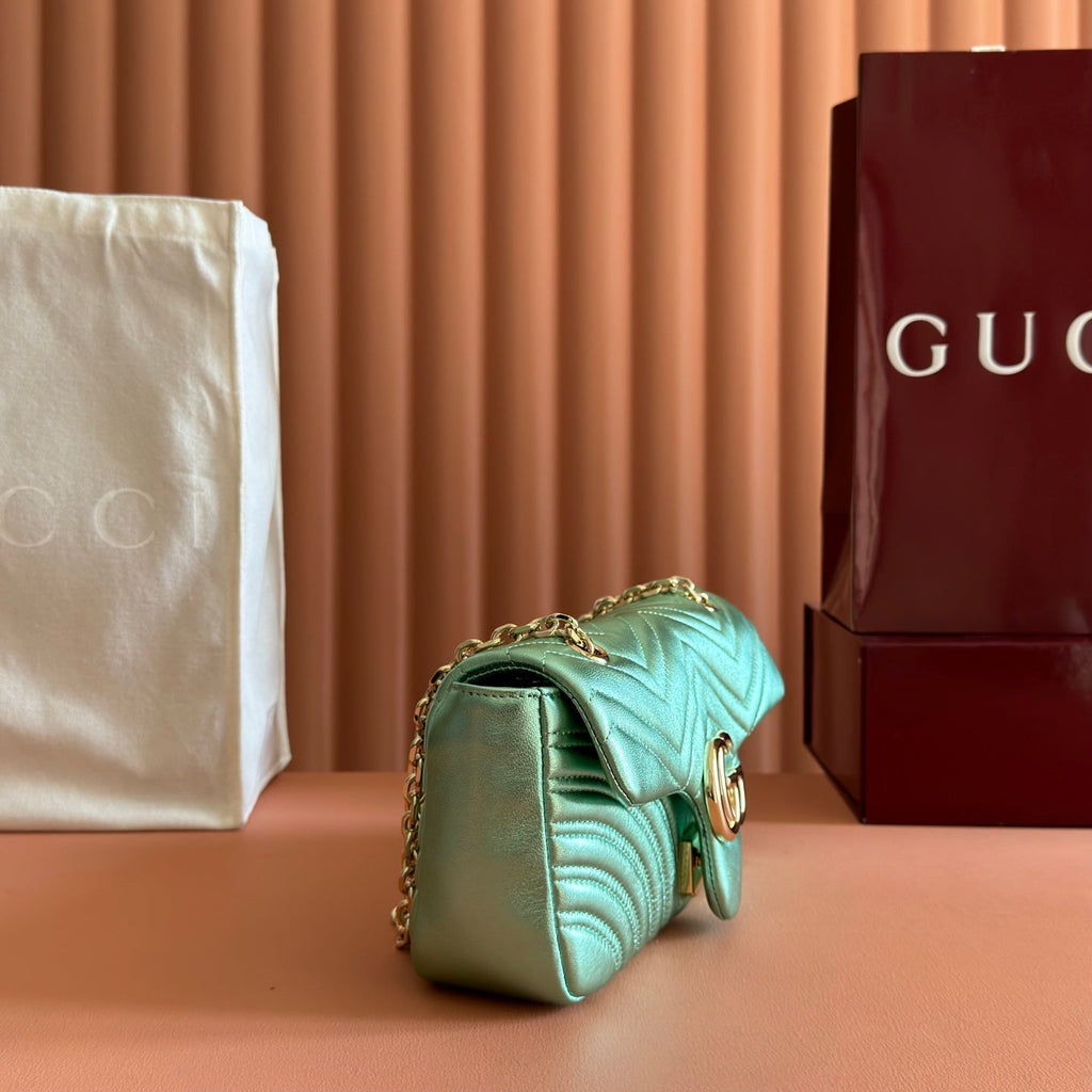 GUCCI 26S  MARMONT BAG 26 IN METALLIC PALE GREEN LAMBSKIN