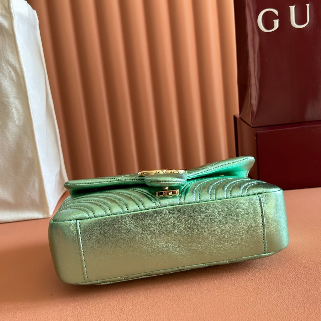 GUCCI 26S  MARMONT BAG 26 IN METALLIC PALE GREEN LAMBSKIN