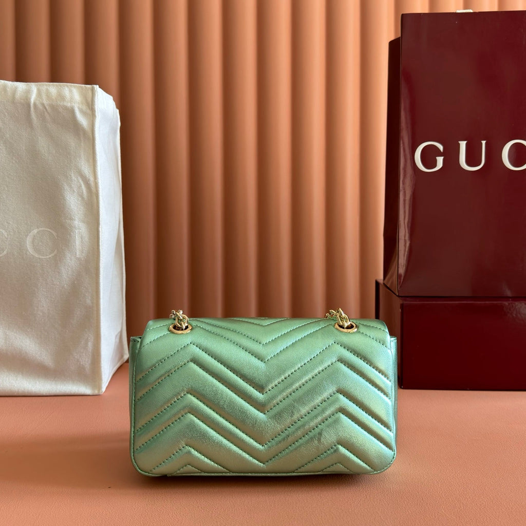 GUCCI 26S  MARMONT BAG 22 IN METALLIC PALE GREEN LAMBSKIN