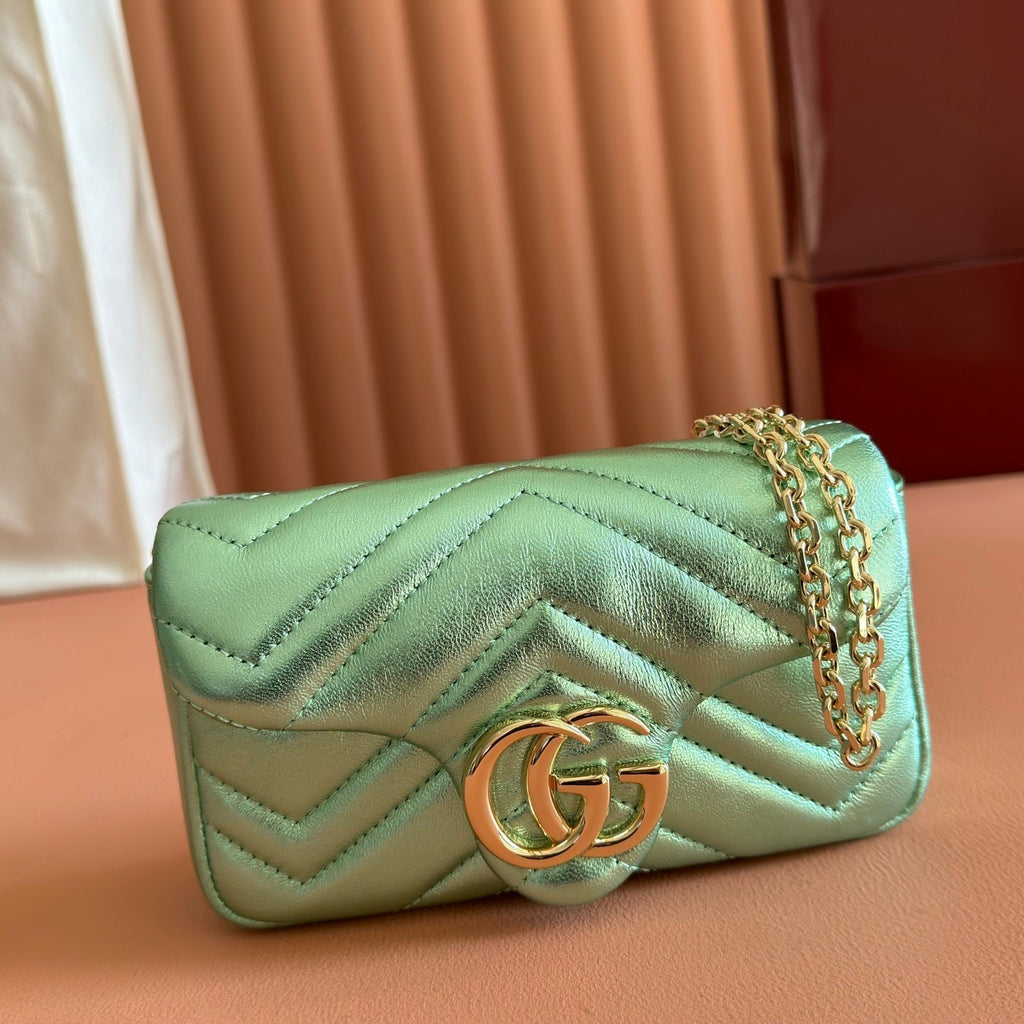 GUCCI 26S  MARMONT BAG 16 IN METALLIC PALE GREEN LAMBSKIN