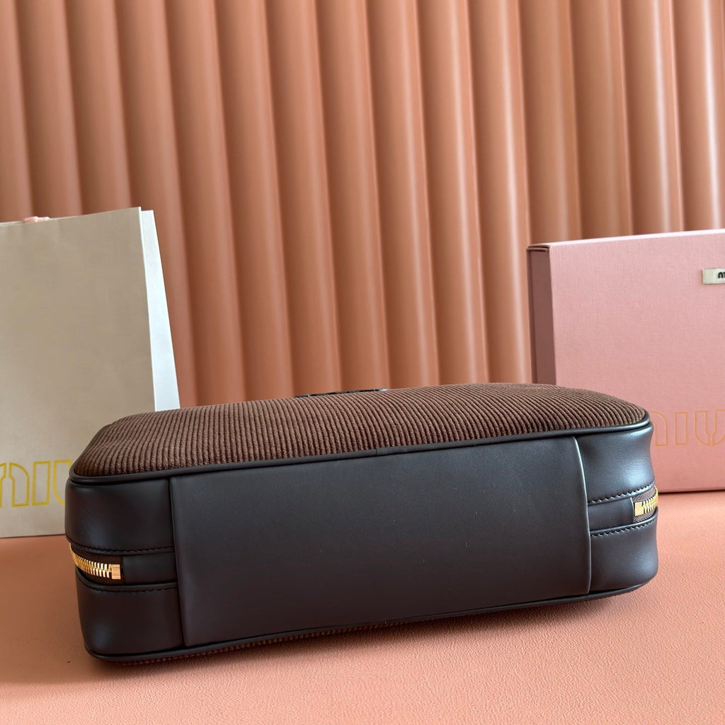 MIUMIU 26S BEAU BAG 34 IN CHOCOLATE BROWN CANVAS AND BLACK CALFSKIN