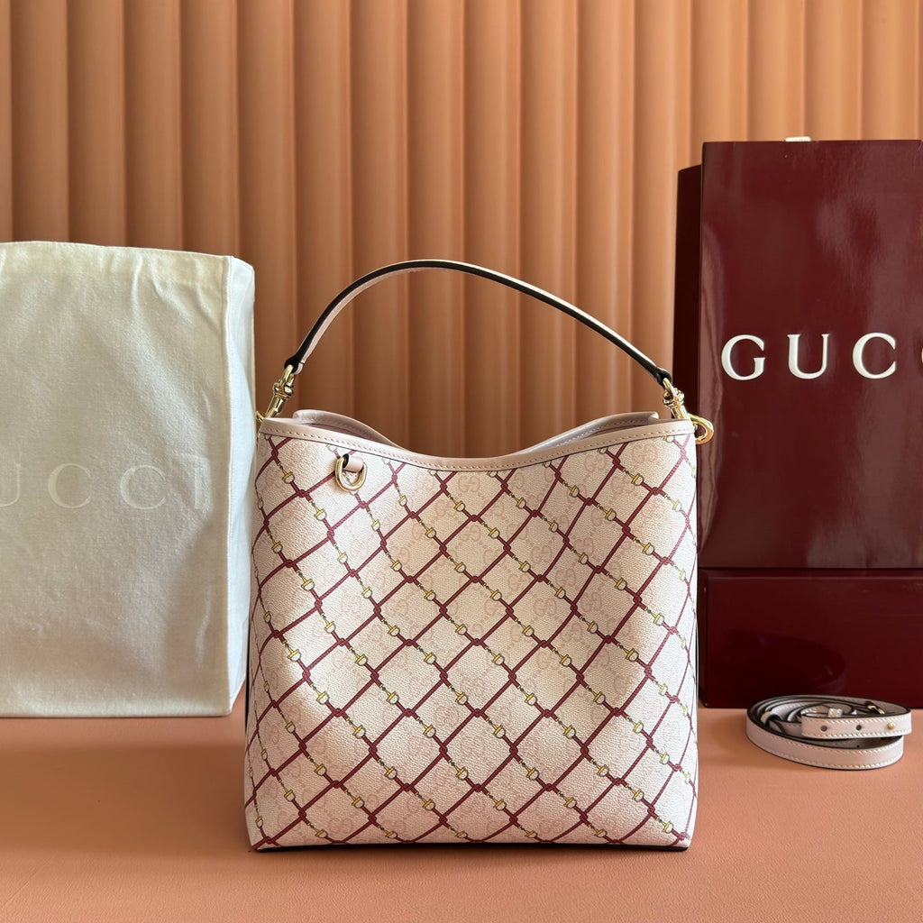 GUCCI 26S  EMBLEM BUCKET BAG 25 IN LIGHT PINK COATED FABRIC