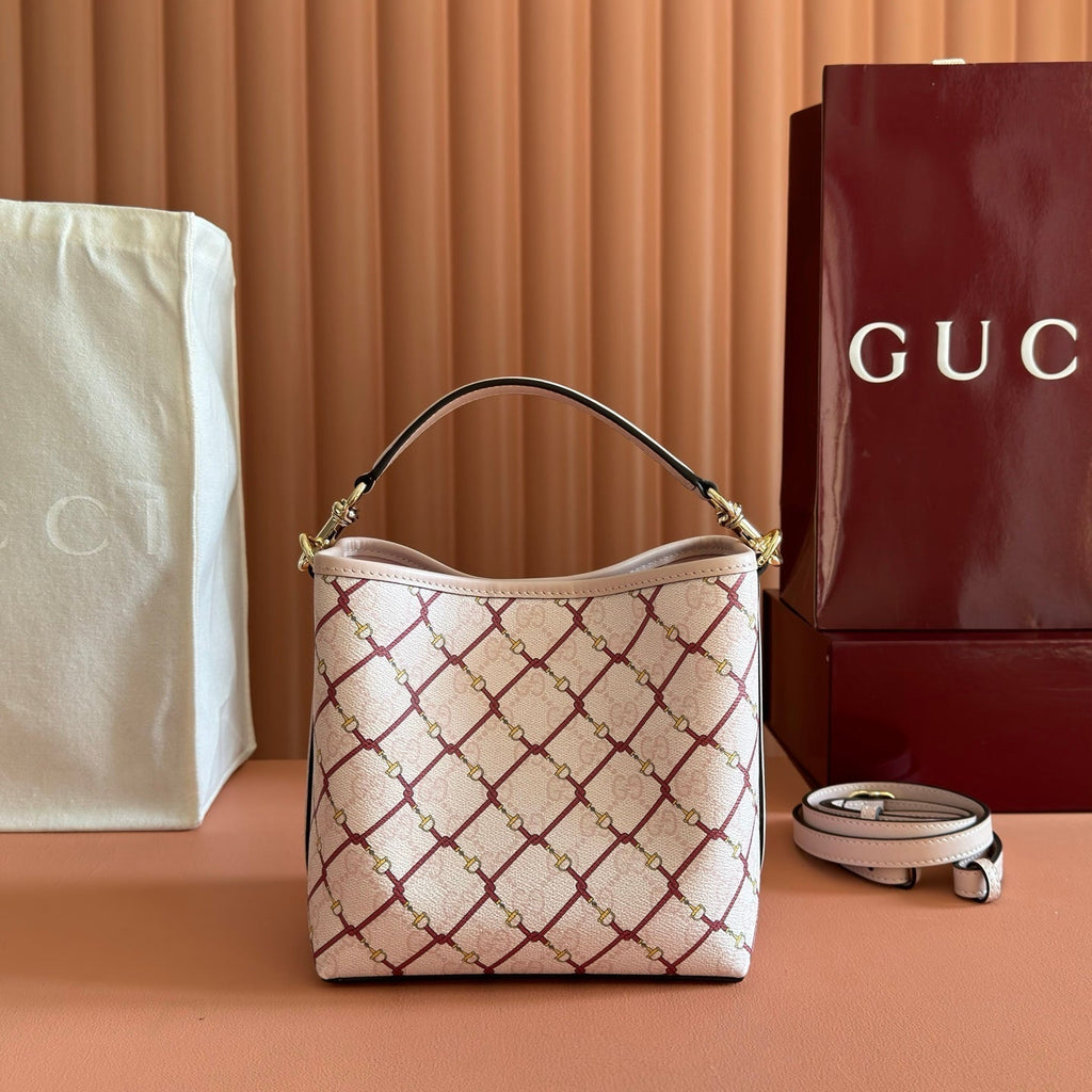 GUCCI 26S  EMBLEM BUCKET BAG 19 IN LIGHT PINK COATED FABRIC